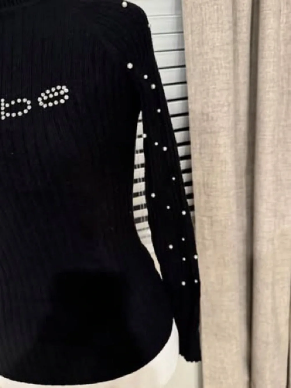 Bebe long sleeve black rhinestones/pearls size MEDIUM Logo Mock Neck Top